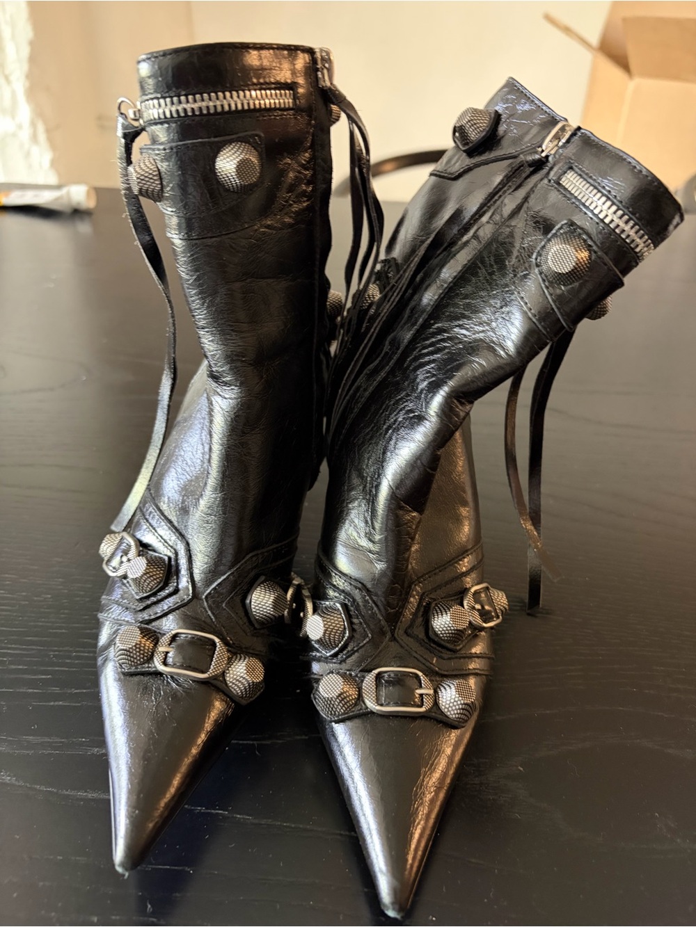 Balenciaga Black Leather Pointed Cagole Ankle Booties with Buckle Hardware 90mm